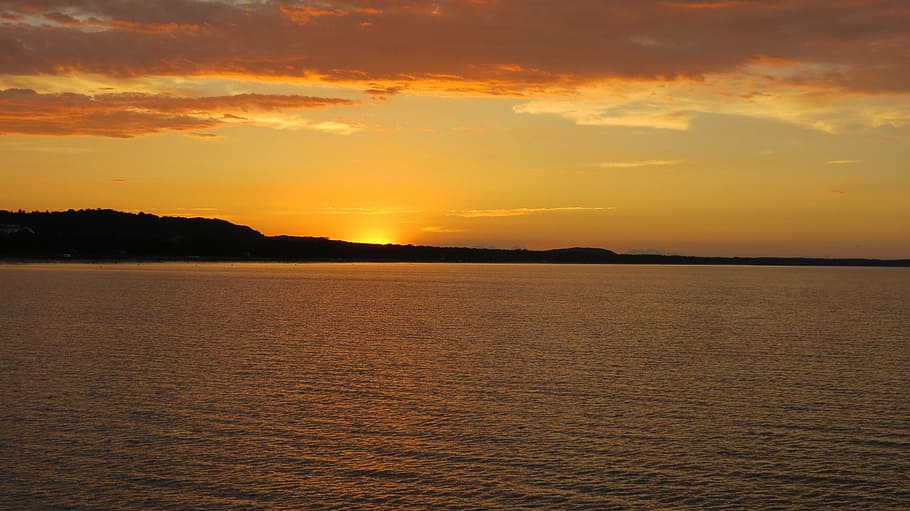 sunset, romantic, golden, water, water shine, evening, rügen HD wallpaper