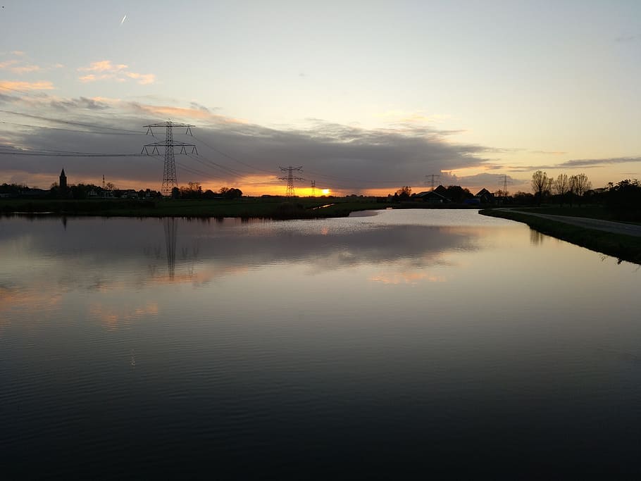 view, sun, dawn, cloud, water, lake, dark, shadow, black, grey HD wallpaper