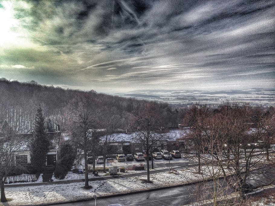 winter, hdr, forest, clouds, snow, sky, outside, cloud - sky HD wallpaper