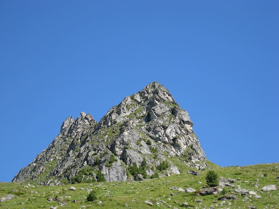 mountain, hill, rock, blue, grey, green, meadow, background HD wallpaper