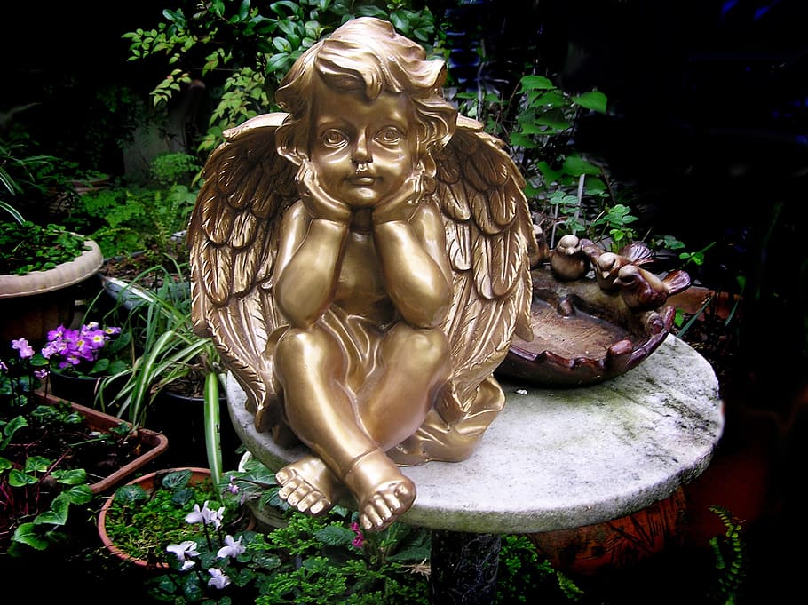 cherub, statue, garden, sculpture, representation, art and craft HD wallpaper