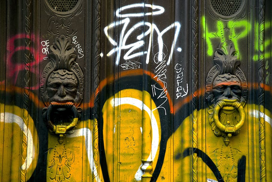 black door with paints at daytime, graffiti, rings, barcelona HD wallpaper