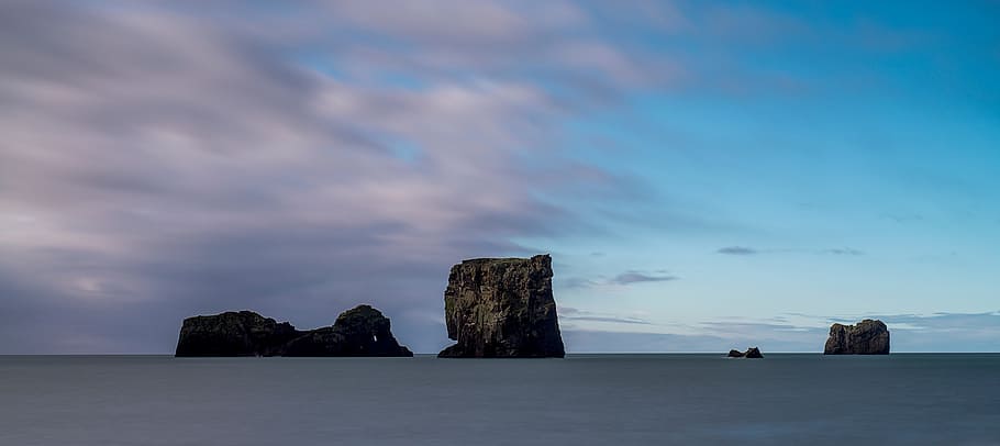 sky, clouds, rocks, hill, water, ocean, sea, nature, rock - object HD wallpaper