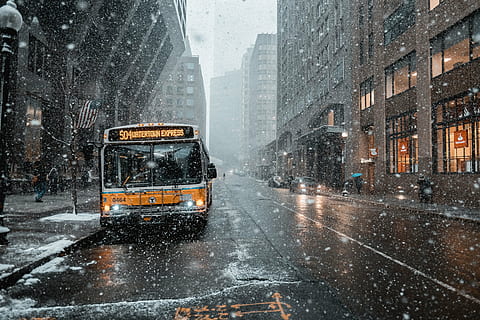 yellow bus pars near sidewalk during snow weather, architecture HD wallpaper