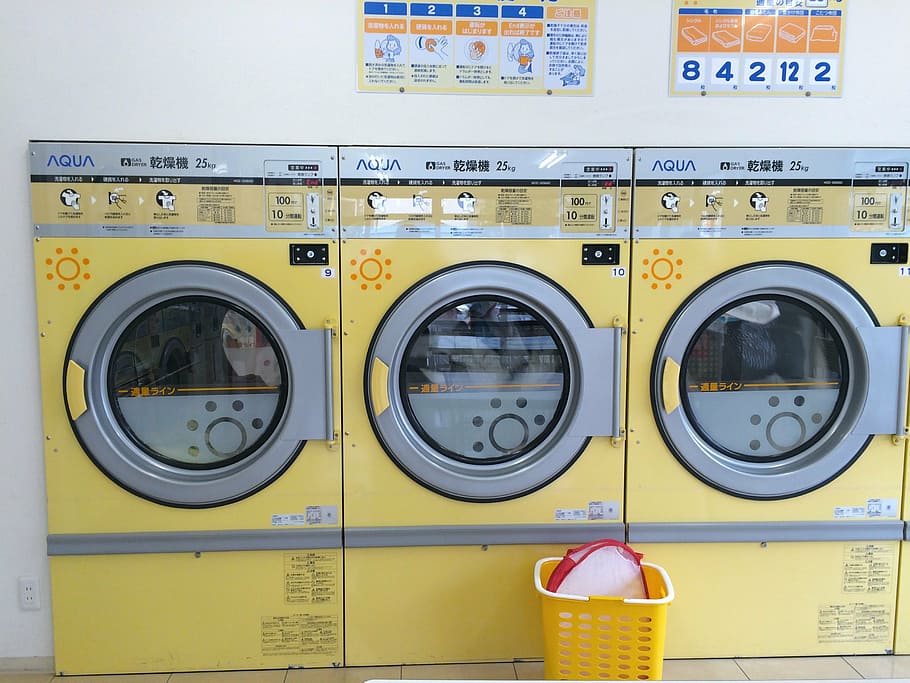 launderette, dryer, machinery, self, yellow, yasuura, yokosuka, HD wallpaper