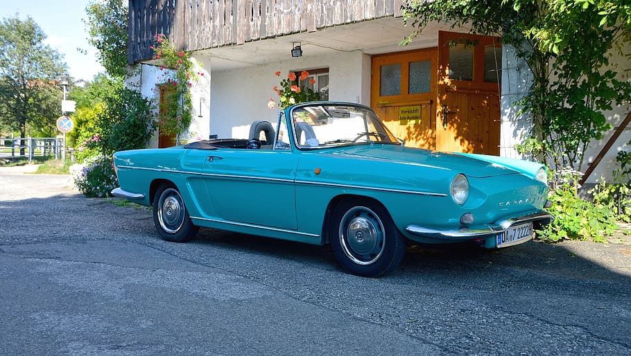 blue convertible parked near the white building, oldtimer, automobile HD wallpaper