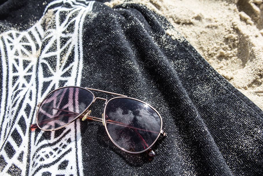 beach, sun glasses, towel, sand, summer, high angle view, close-up HD wallpaper