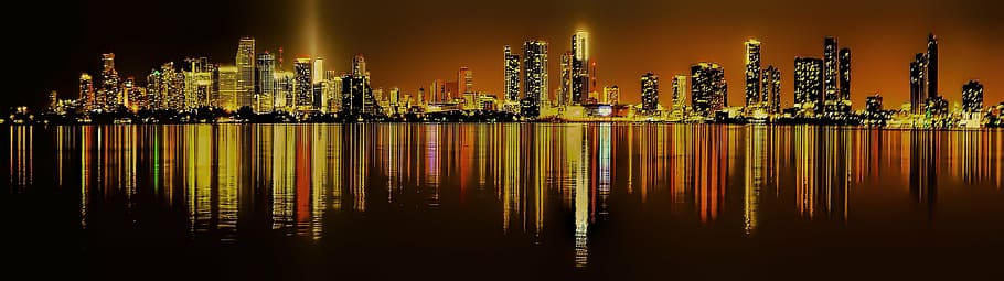 silhouette of high-rise buildings at nighttime, miami, florida