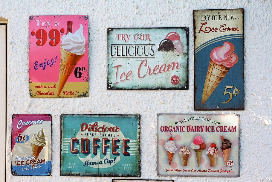 assorted ice cream-themed posters, sign, vintage, retro, vintage sign, HD wallpaper