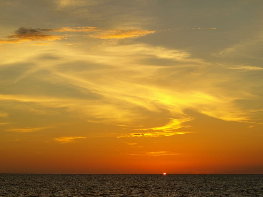 Sunset, Sea, Panorama, Setting Sun, water, clouds, evening sky HD wallpaper