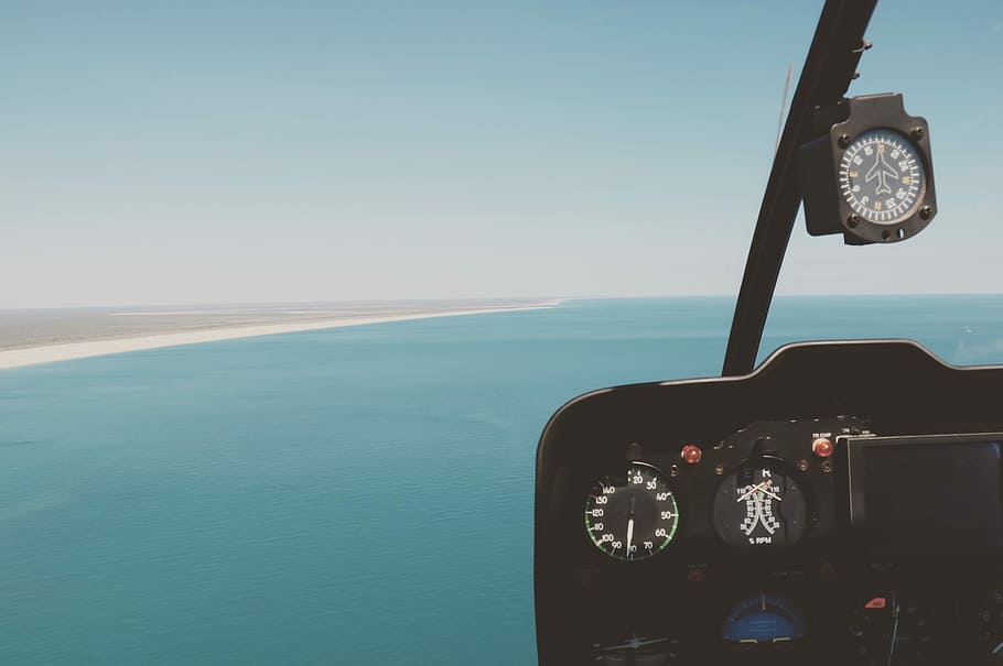 aerial photography of ocean, black aircraft controls illustration HD wallpaper