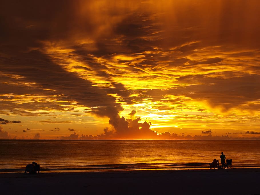 sunset, indian shore, beach, clouds, orange, landscape, florida HD wallpaper