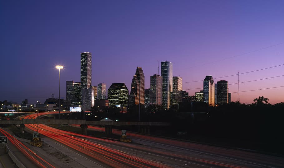 spalt road near high-rise building under blue sky, houston, texas, HD wallpaper