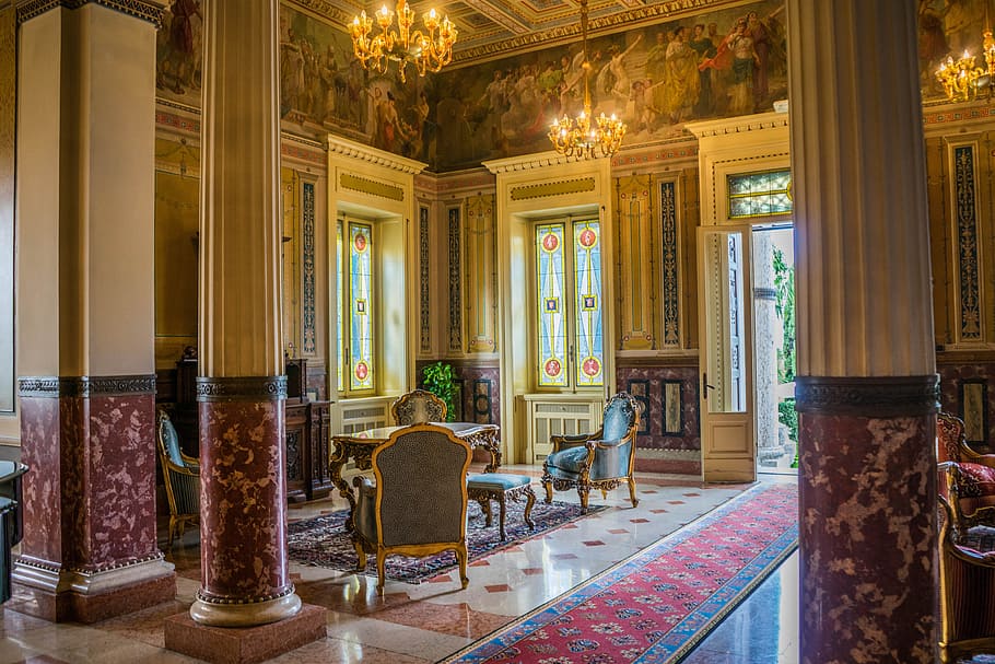 red and black aztec area runner in room, villa cortine palace, HD wallpaper