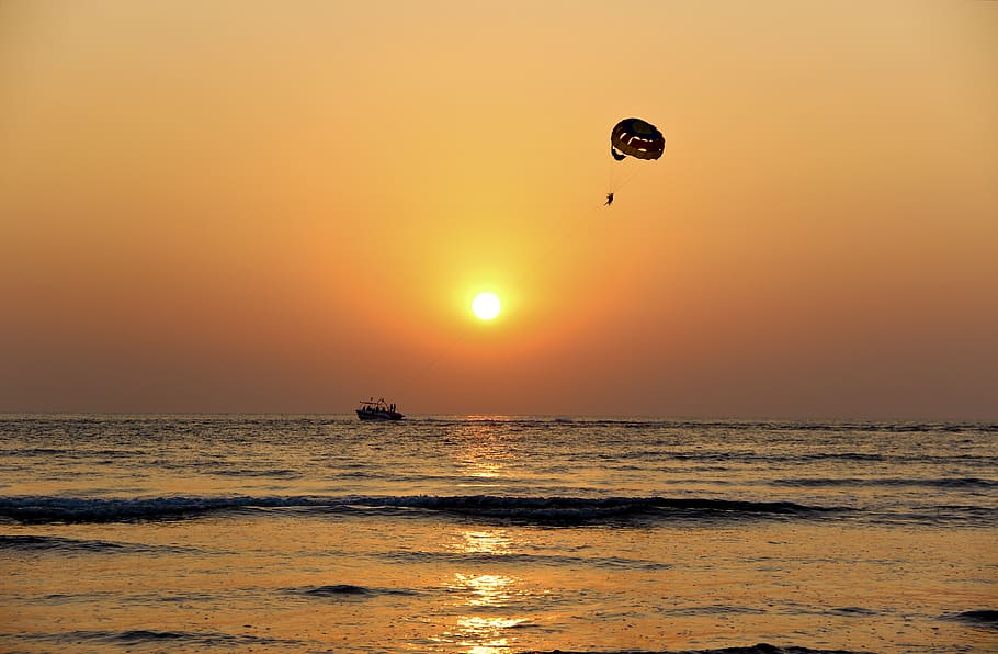 sunset, flying, beach, ocean, summer, waves, adventure, seaside HD wallpaper
