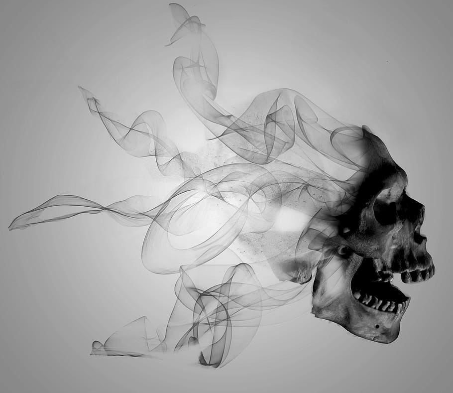 skull illustration, art, skulls, smoke, black and white, death
