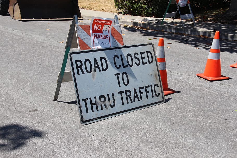 road closed to thru traffic signage, construction, detour, warning, HD wallpaper