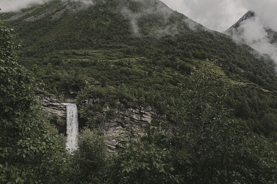 aerial photography of waterfalls on trees covered mountain, waterfalls on hills HD wallpaper