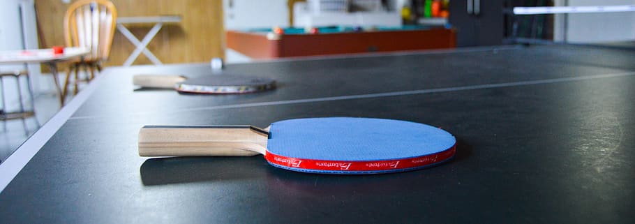 blue ping pong paddle, ping pong table, indoors, table tennis, HD wallpaper