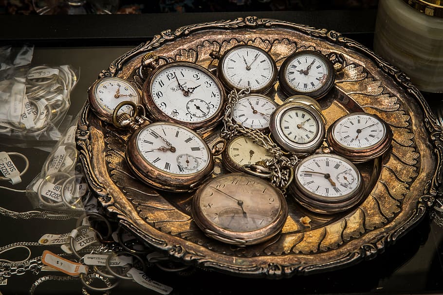 photo of round gold-colored pocketwatch lot, clock, pocket watch, HD wallpaper