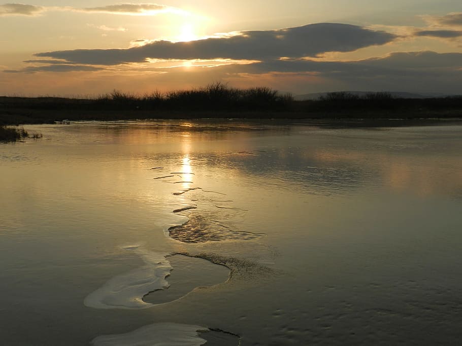 lake, sunset, reflection, clouds, nature, water, landscape HD wallpaper