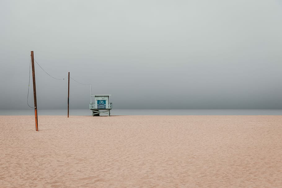 photo of volleyball net on sands, white wooden house, pole, space HD wallpaper