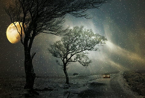 low light photographed of milky way, winter, snowfall, road HD wallpaper