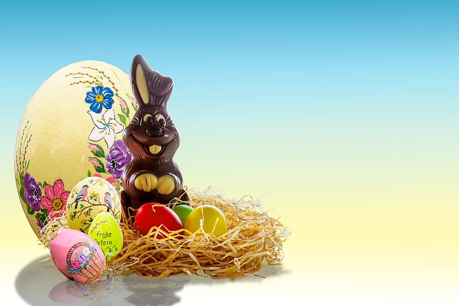 brown rabbit with Easter eggs, easter bunny, nest, easter nest HD wallpaper