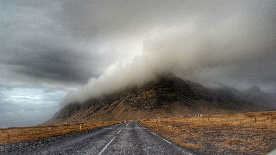 mountain covered with clouds, fog, hills, road, lane, sky, nature HD wallpaper