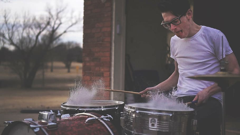 drummer, drums, drumsticks, man, music, musical instrument HD wallpaper