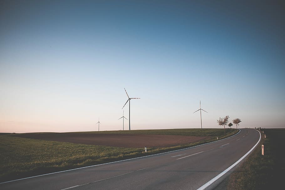 Typical Road in Austria, cloudless, fields, mill, sky, windmill, HD wallpaper