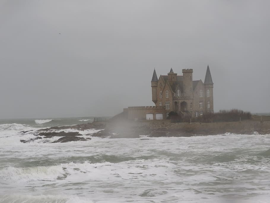 Quiberon, Castle, Sea, Wave, Scum, storm, brittany, architecture, HD wallpaper