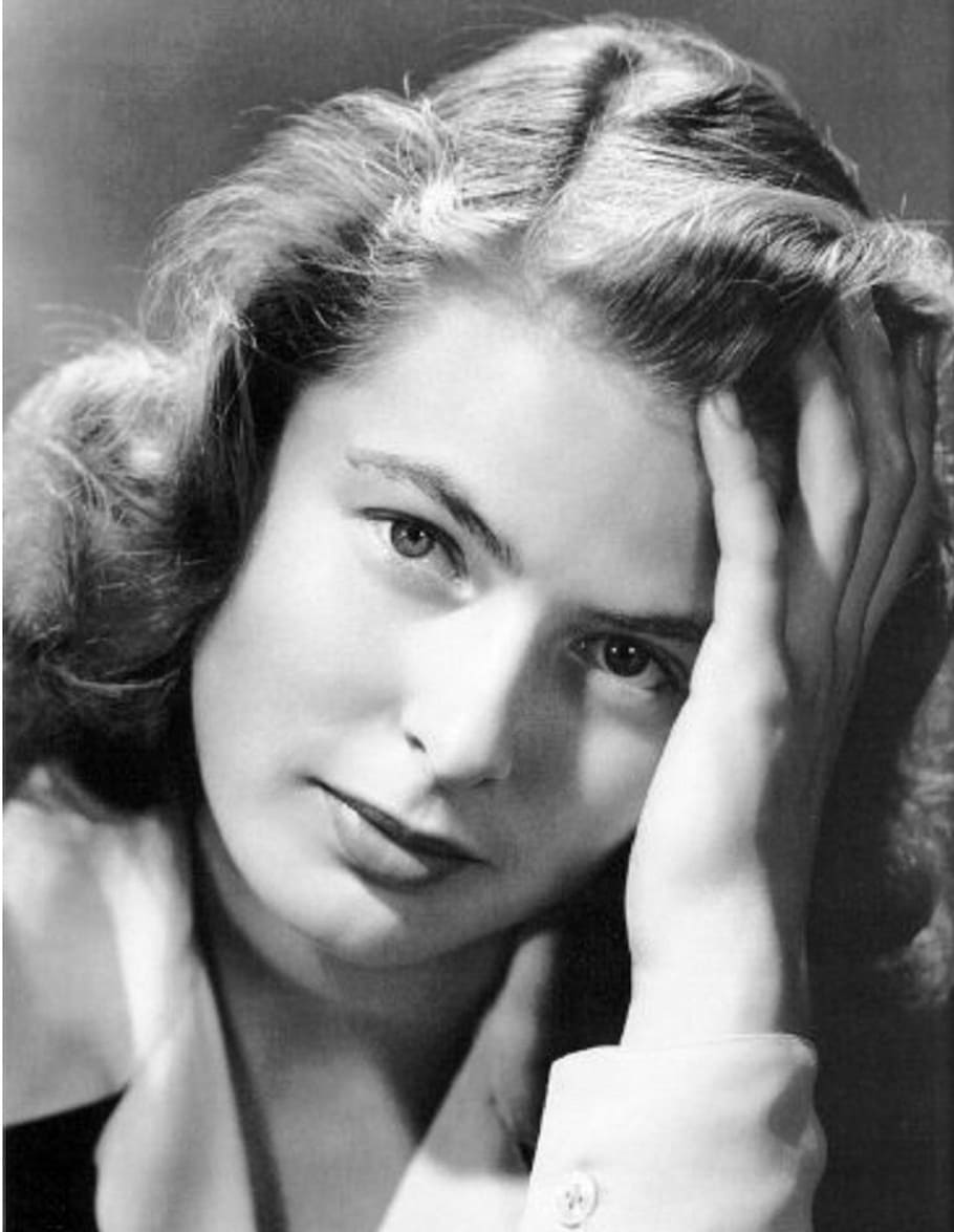 grayscale of woman holding her hair, Ingrid Bergman, Actress