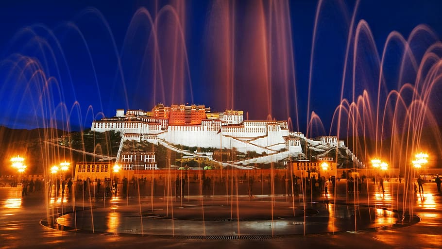 lhasa, the potala palace, fountain, night, illuminated, architecture, HD wallpaper
