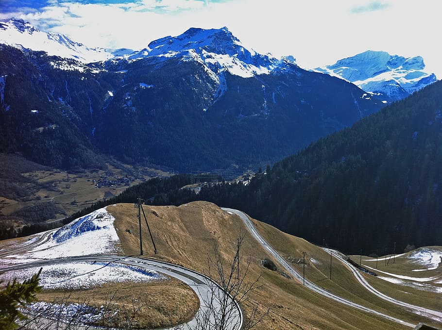 Switzerland, Clouds, Mountains, sky, ravine, valley, snow, road HD wallpaper