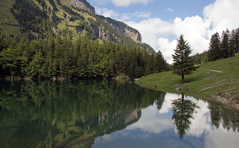 lake, mirroring, switzerland, hiking tour, mountains, seealpsee, HD wallpaper