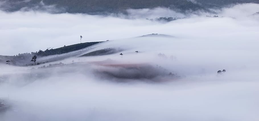 landscape photo of foggy mountain, black mountains on white fog HD wallpaper