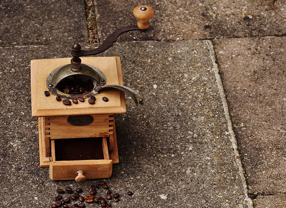 brown and black coffee grinder on gray surface, coffee beans HD wallpaper