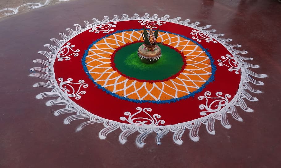 floor sand art, Rangoli, Colorful, Indian, Festival, religion, HD wallpaper