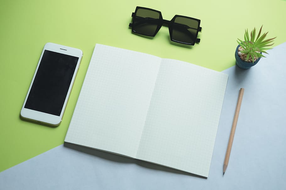 sunglasses, smartphone, desk, notebook, blank, colors, electronics HD wallpaper