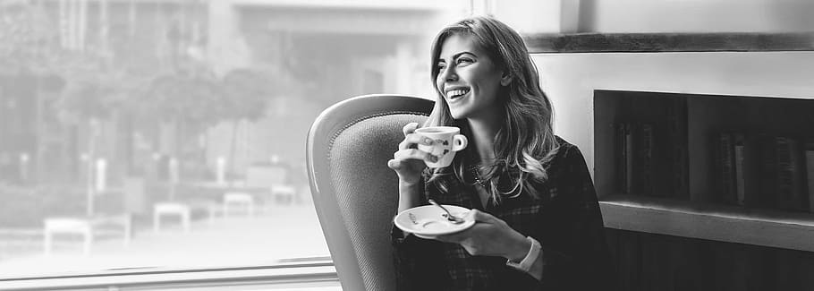 grayscale photo of woman holding saucer and teacup, tea cup HD wallpaper