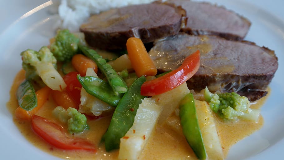 duck breast, thai curry, vegetables, crispy duck, food, rice, HD wallpaper