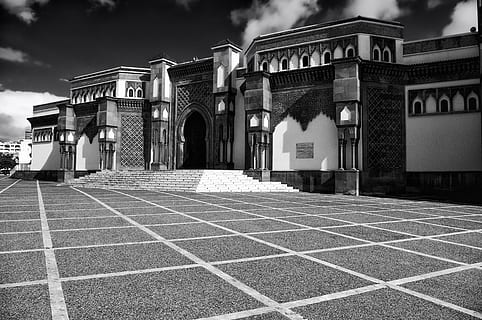grayscale photo of building, agadir, morocco, mosque, faith HD wallpaper