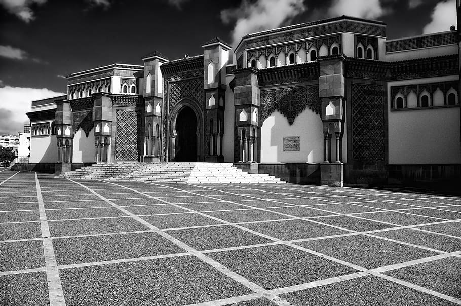 grayscale photo of building, agadir, morocco, mosque, faith HD wallpaper