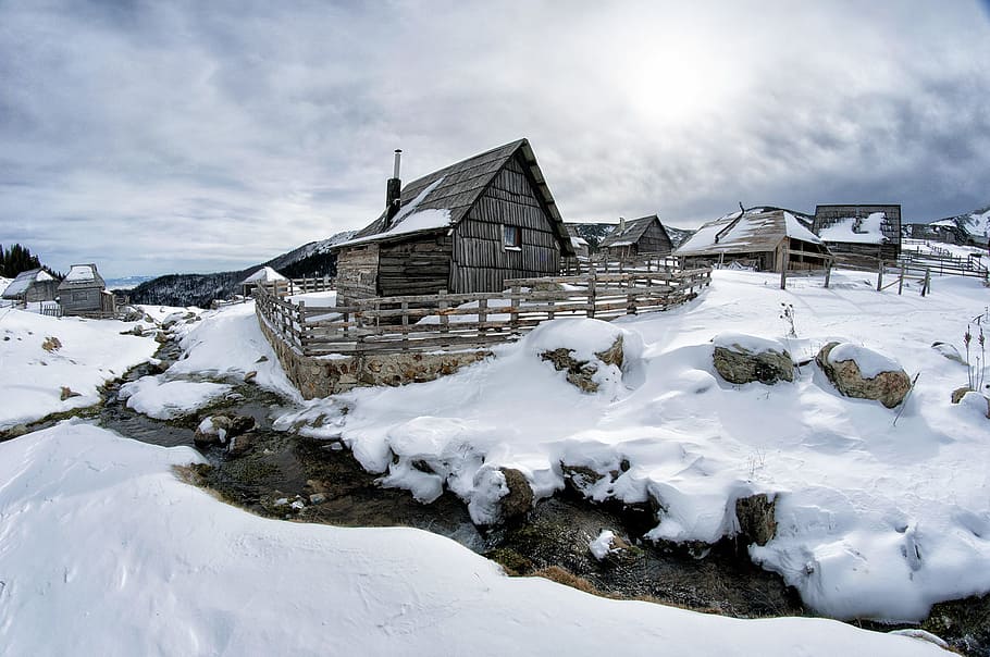 Black Wooden House Surrounded by Snow Under White Clouds, cold HD wallpaper