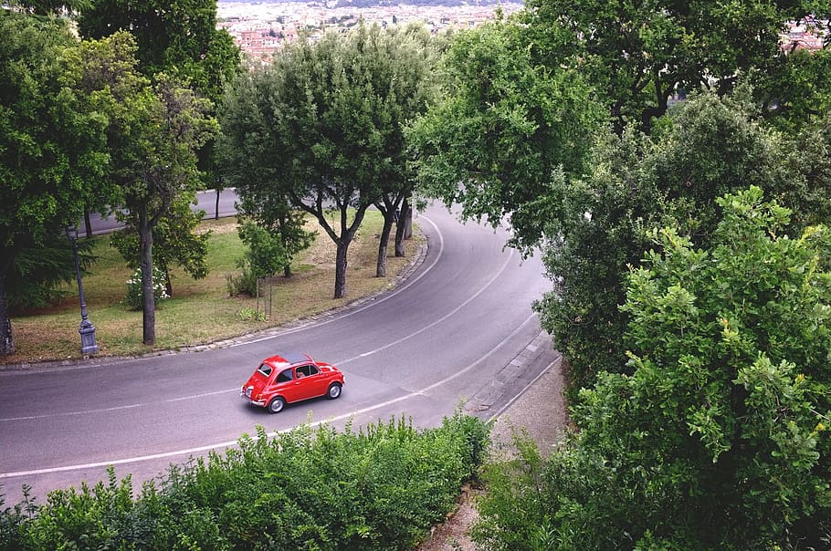 car, red, road, view, florence, italy, transportation, tree HD wallpaper