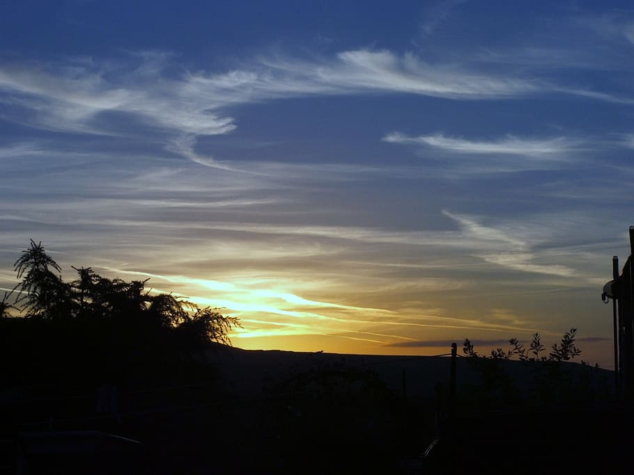 skies, cloud, blue, blue sky, sunset, orange, rays, nature HD wallpaper
