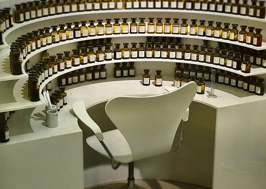 chair surrounded by bottles on table, perfume, perfumery, nose HD wallpaper