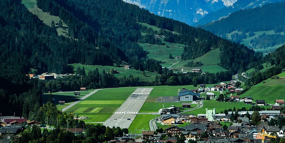aerodrome, mountain, track, aviation, airport, saanen, gstaad, HD wallpaper