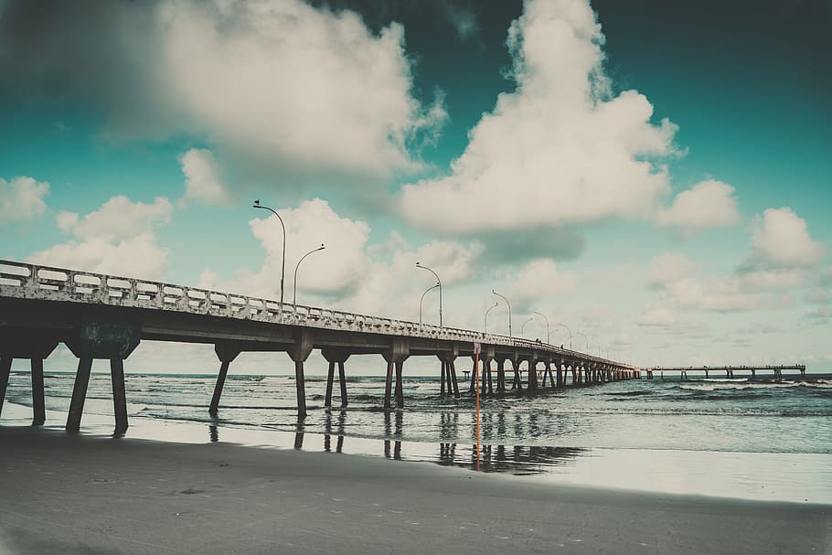 jetty, sea, landscape, nature, beach, bridge, clouds, dock, lights HD wallpaper
